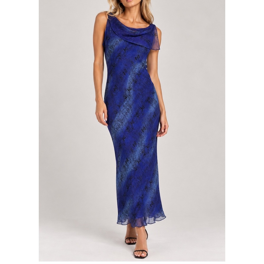 Vtg Evan-Picone Blue Snakeskin Print Cowl Neck Midi Sheath Dress Chiffon Sz 8